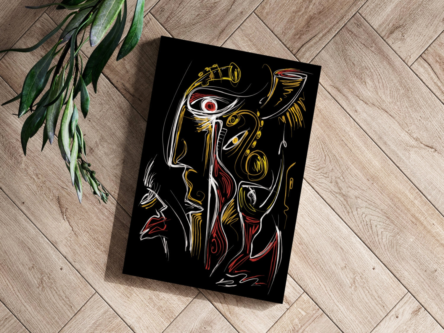 Gold Red Line Sketch Faces Black Aluminum Print