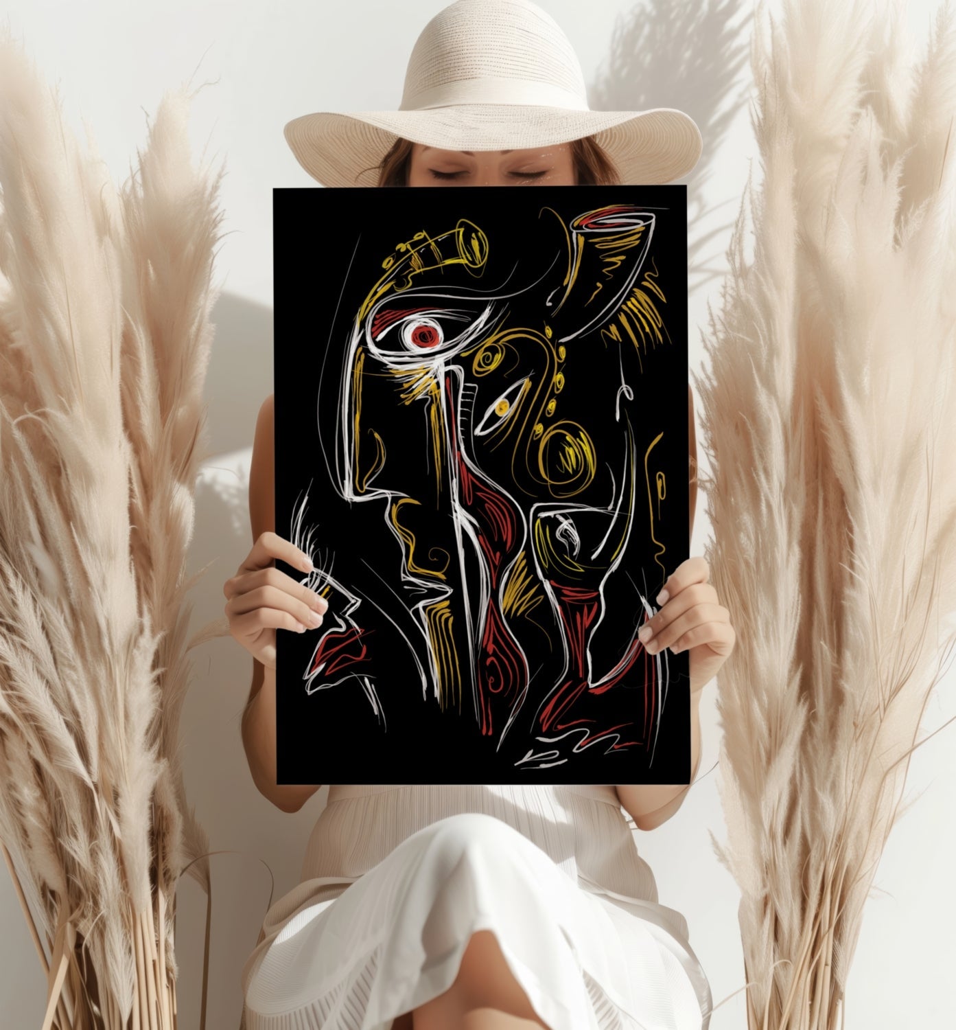 Gold Red Line Sketch Faces Black Aluminum Print