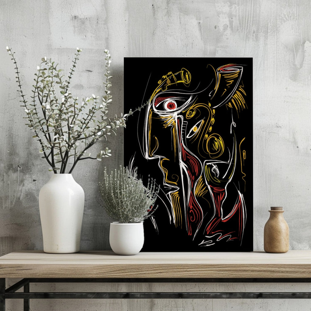 Gold Red Line Sketch Faces Black Aluminum Print
