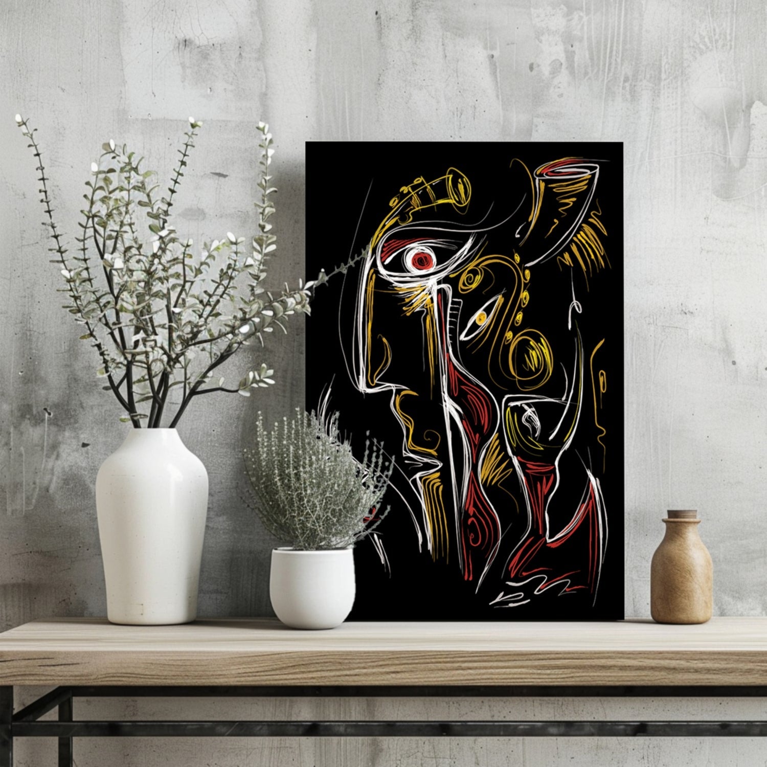 Gold Red Line Sketch Faces Black Aluminum Print