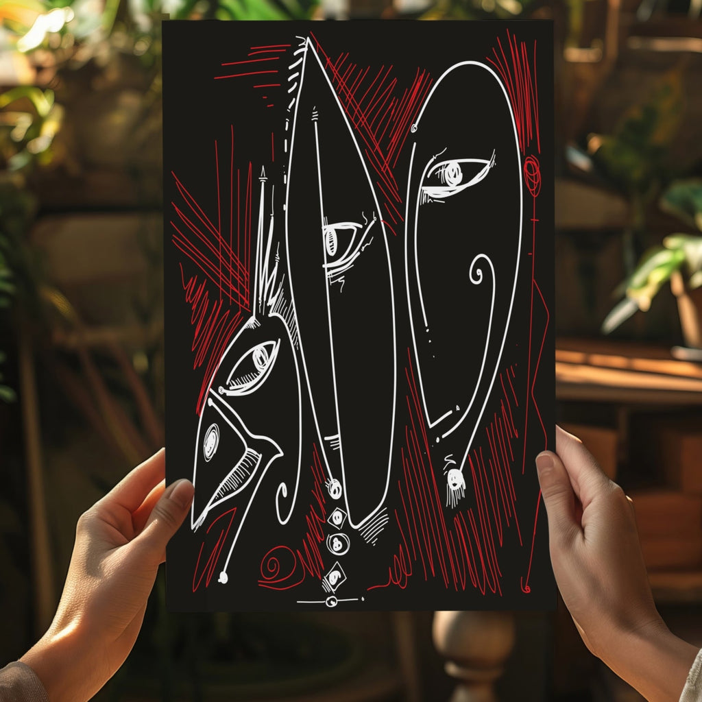 White Red Outline Mask Faces Aluminum Print