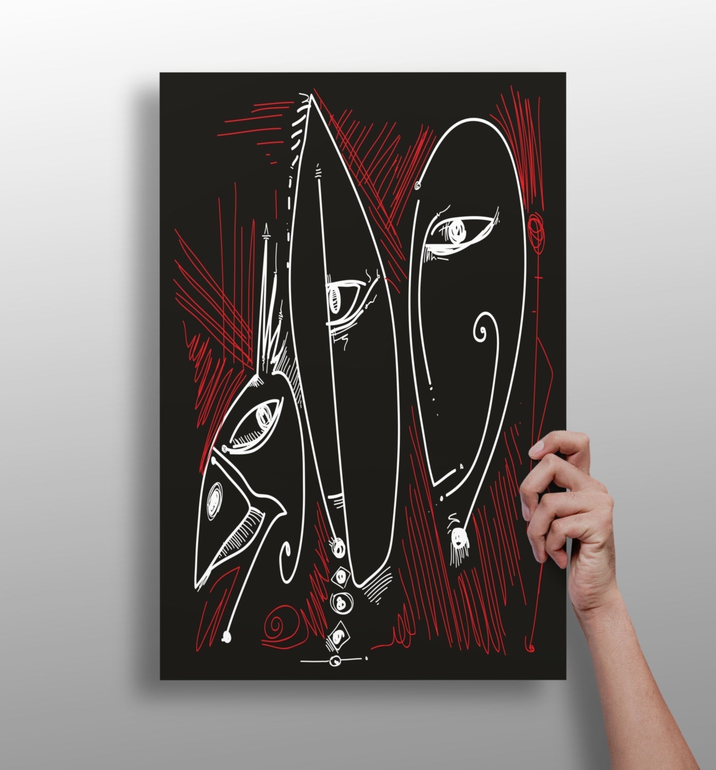 White Red Outline Mask Faces Aluminum Print