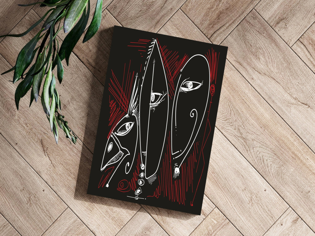 White Red Outline Mask Faces Aluminum Print