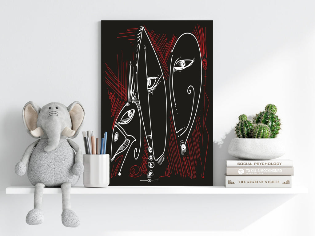 White Red Outline Mask Faces Aluminum Print