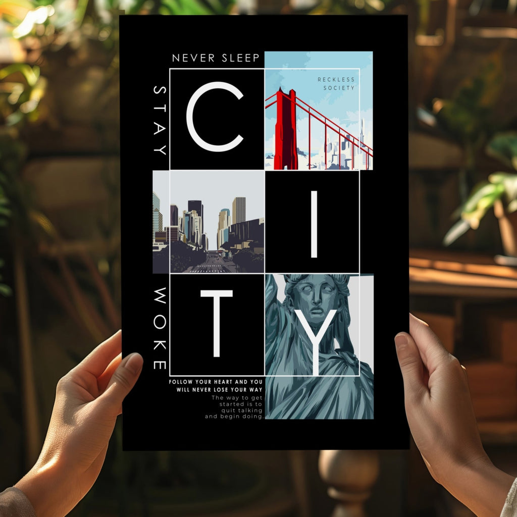 Black Photo Collage City Typography Aluminum Print