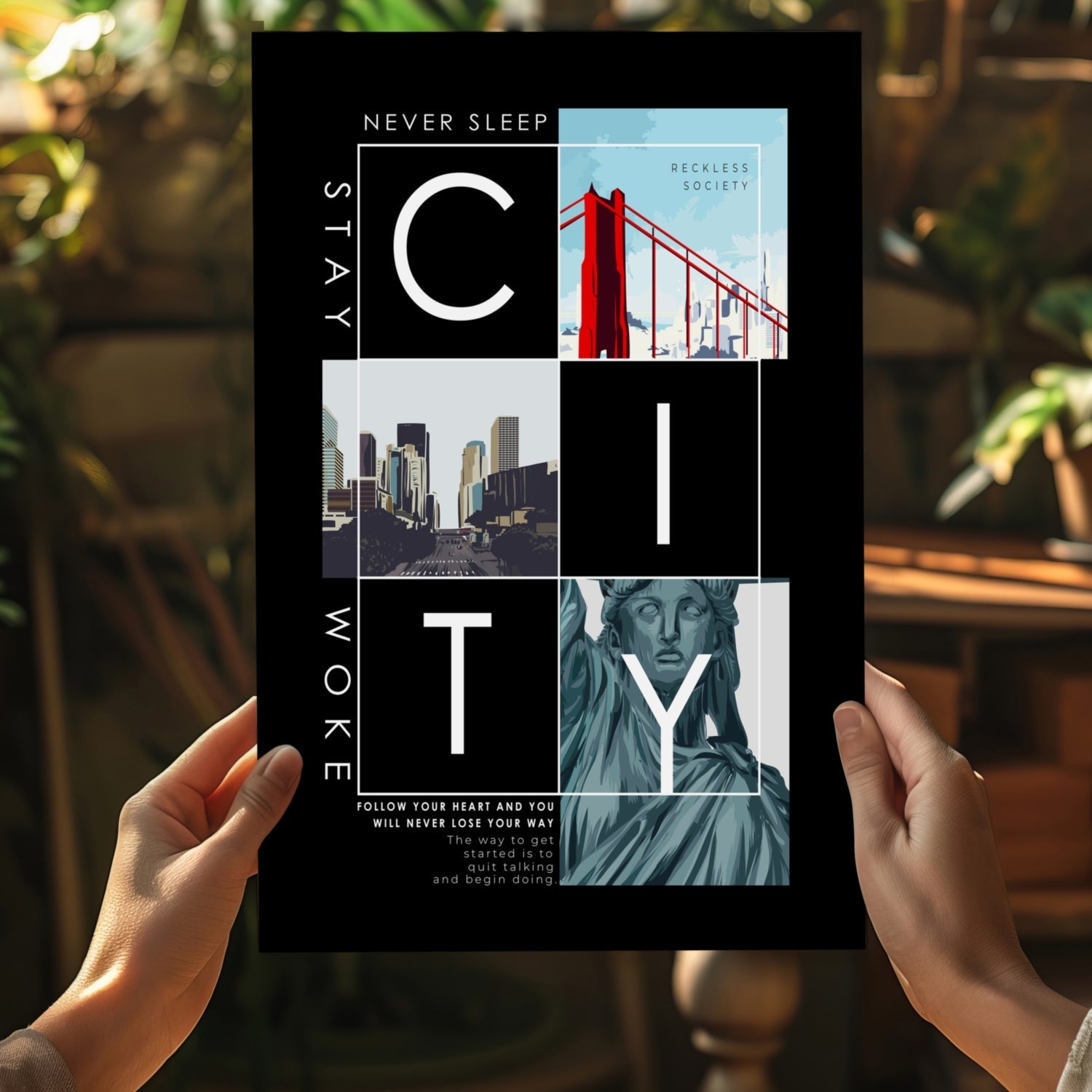 Black Photo Collage City Typography Aluminum Print