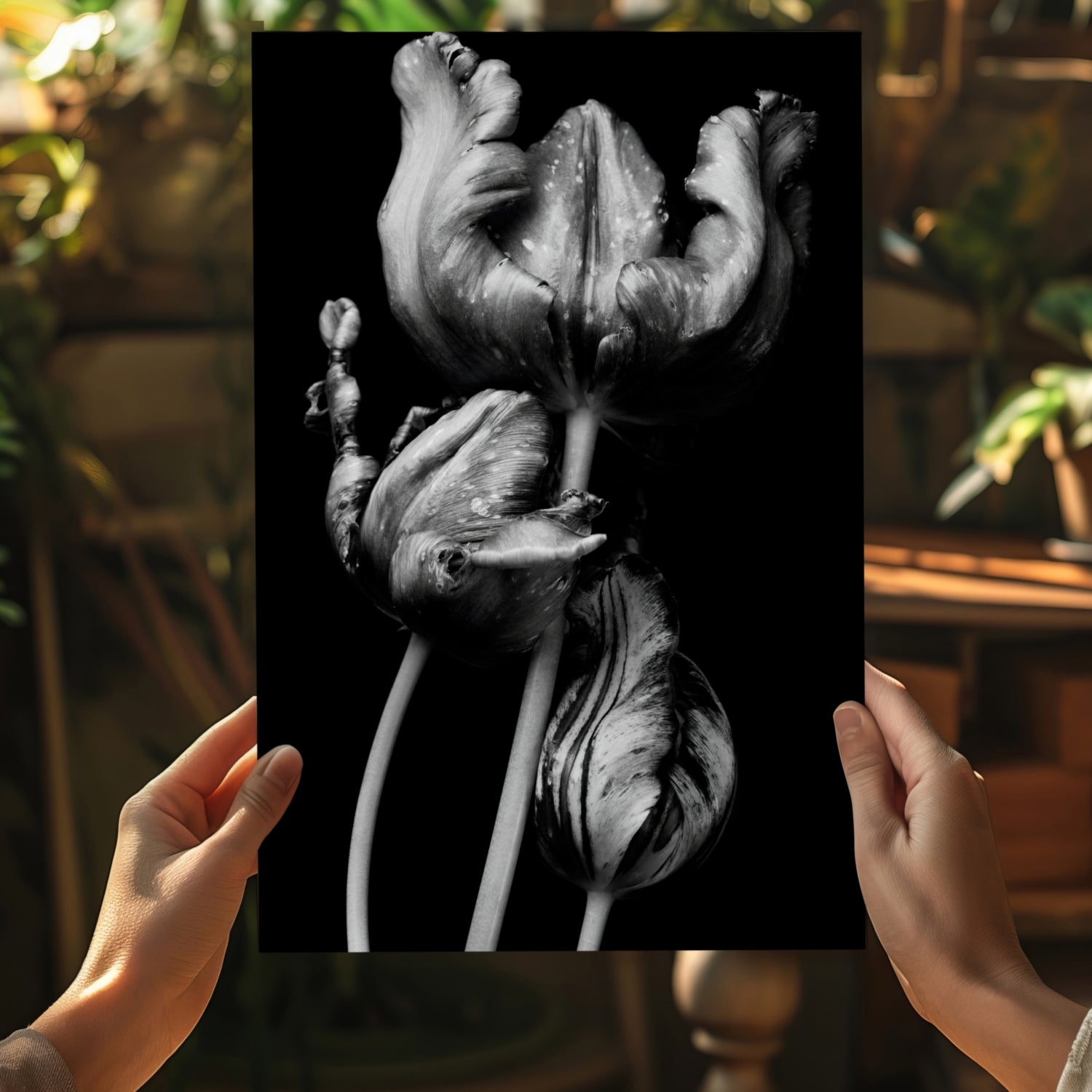 Silver Parrot Tulips Noir Aluminum Print