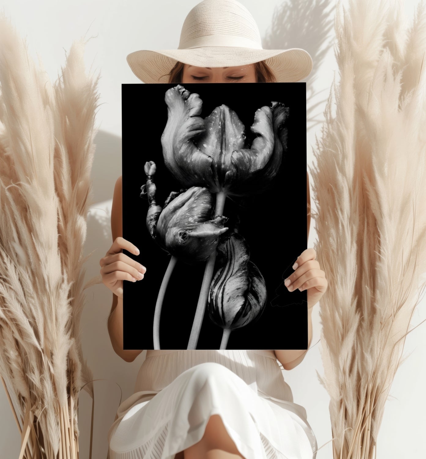 Silver Parrot Tulips Noir Aluminum Print