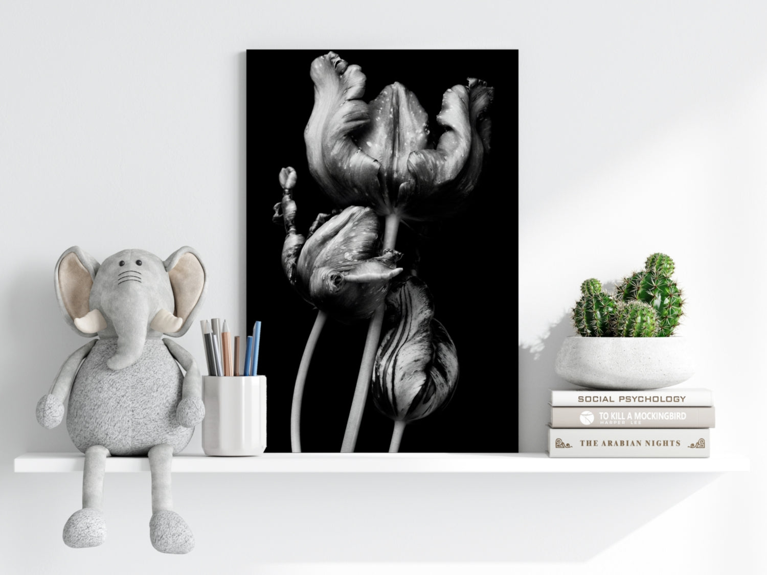 Silver Parrot Tulips Noir Aluminum Print