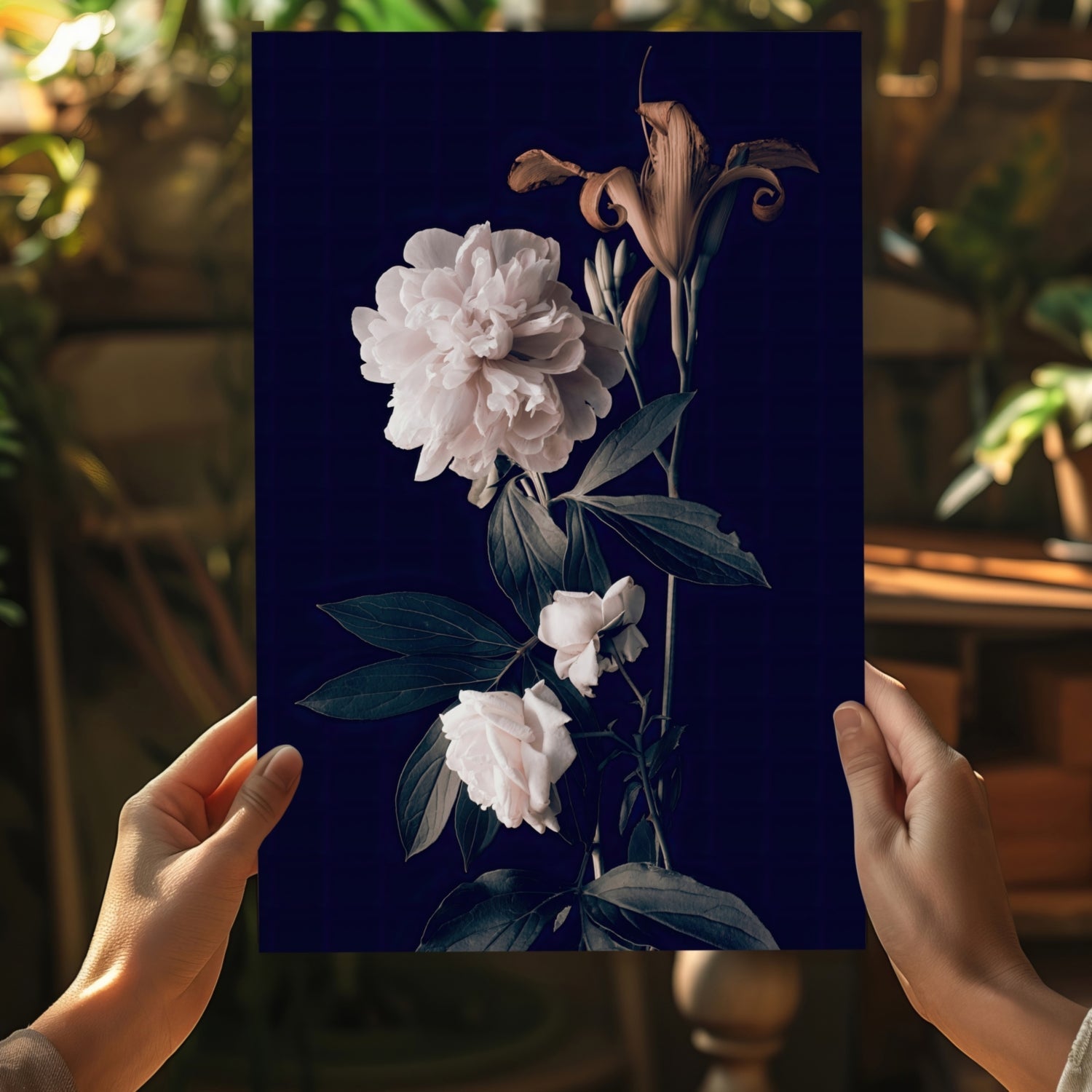 White Peony Navy Backdrop Aluminum Print