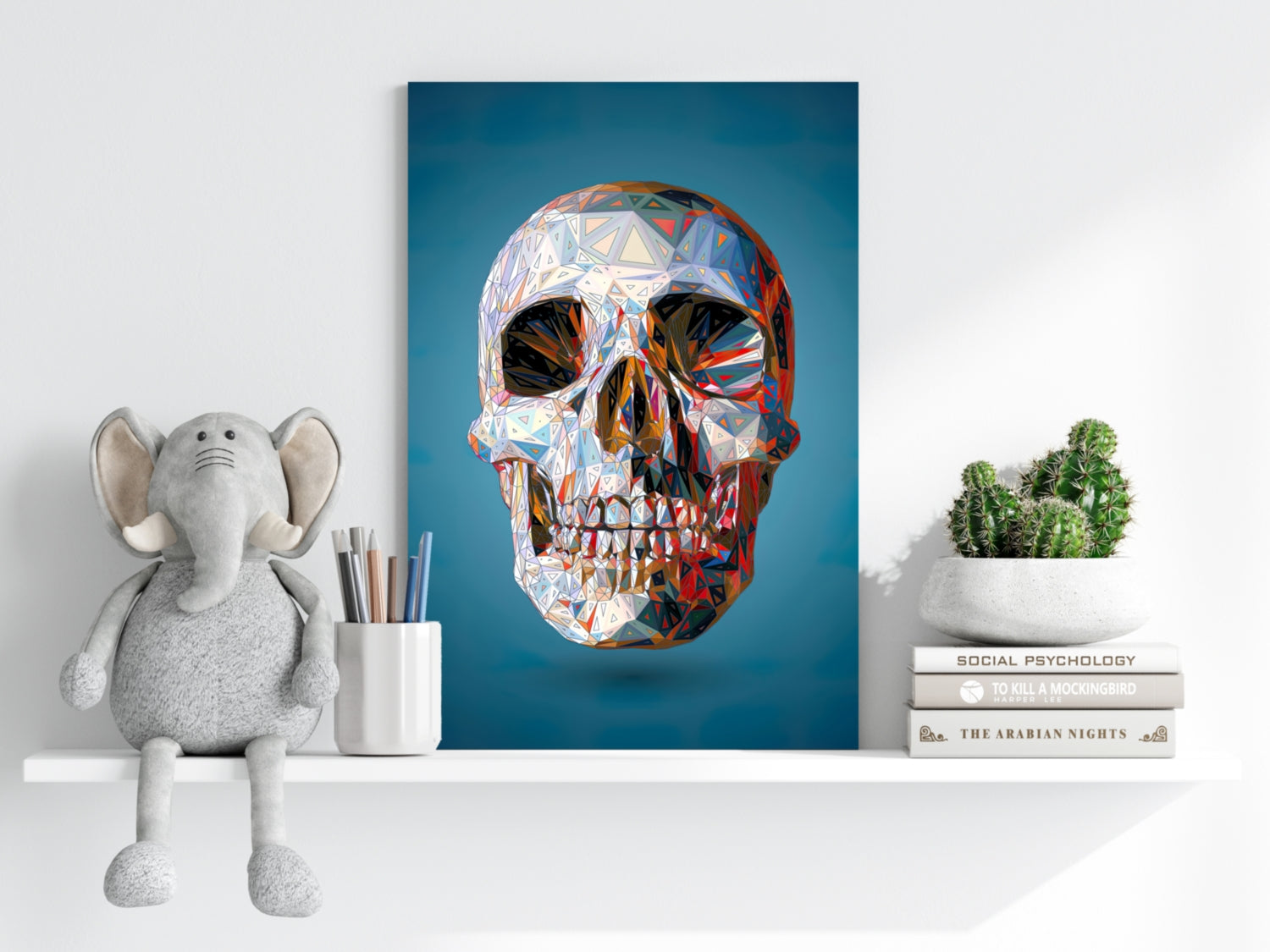 Low Poly Crystal Skull on Blue Aluminum Print