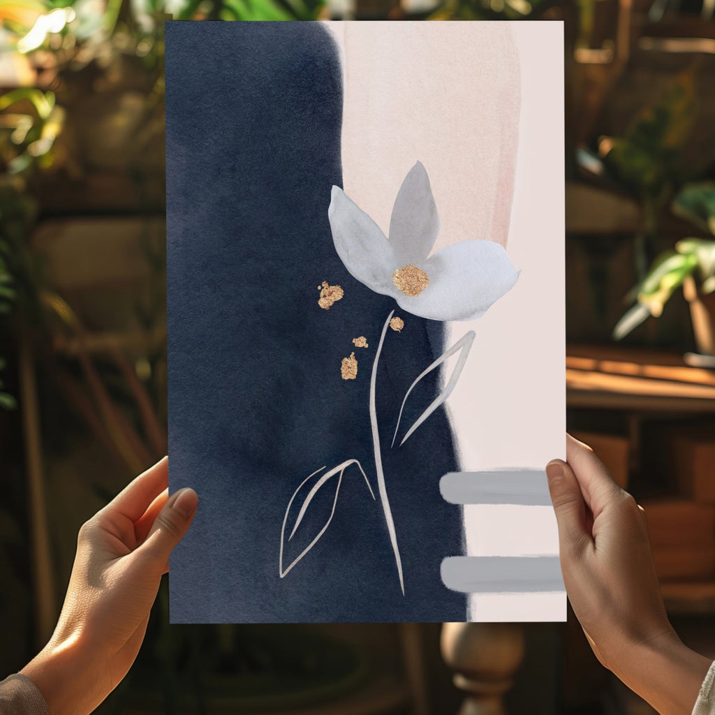 Navy and Blush Gold Leaf Bloom Abstract Flower Aluminum Print