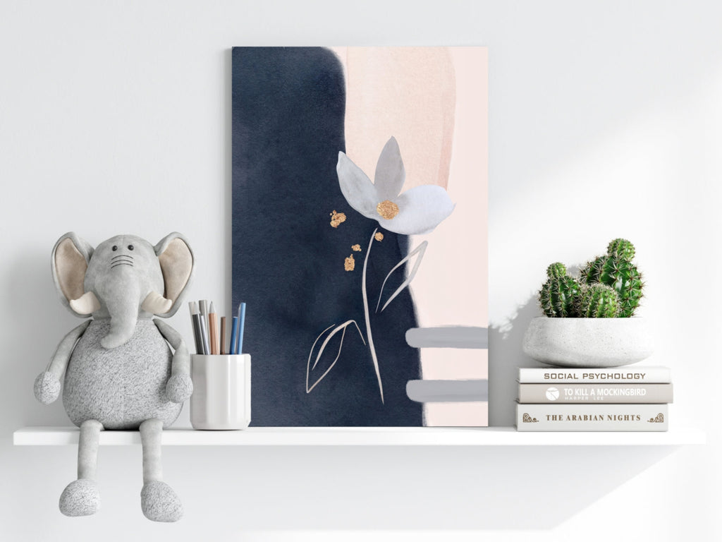 Navy and Blush Gold Leaf Bloom Abstract Flower Aluminum Print