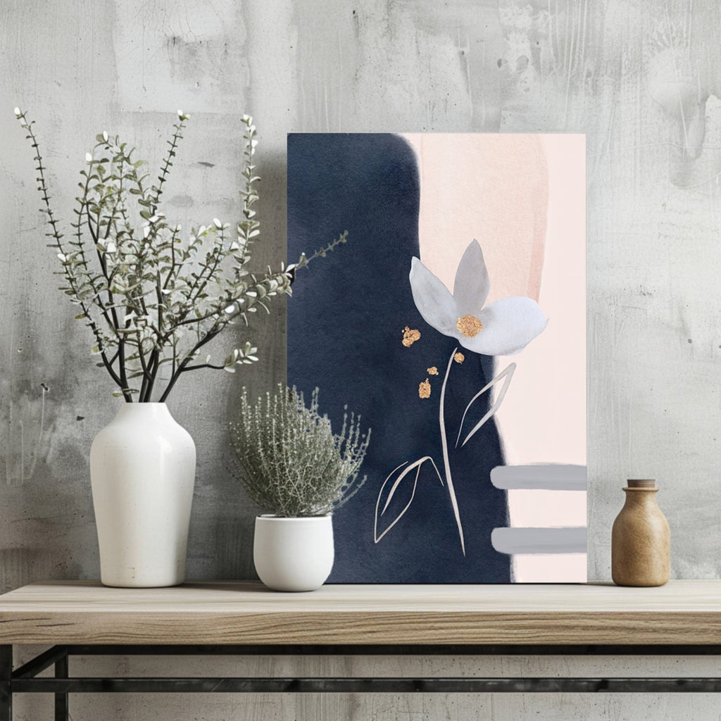 Navy and Blush Gold Leaf Bloom Abstract Flower Aluminum Print