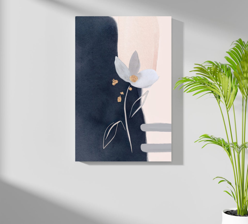 Navy and Blush Gold Leaf Bloom Abstract Flower Aluminum Print