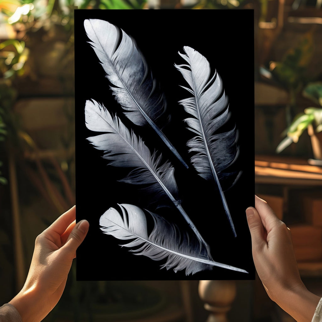 Four Silver Quill Feathers Black Aluminum Print
