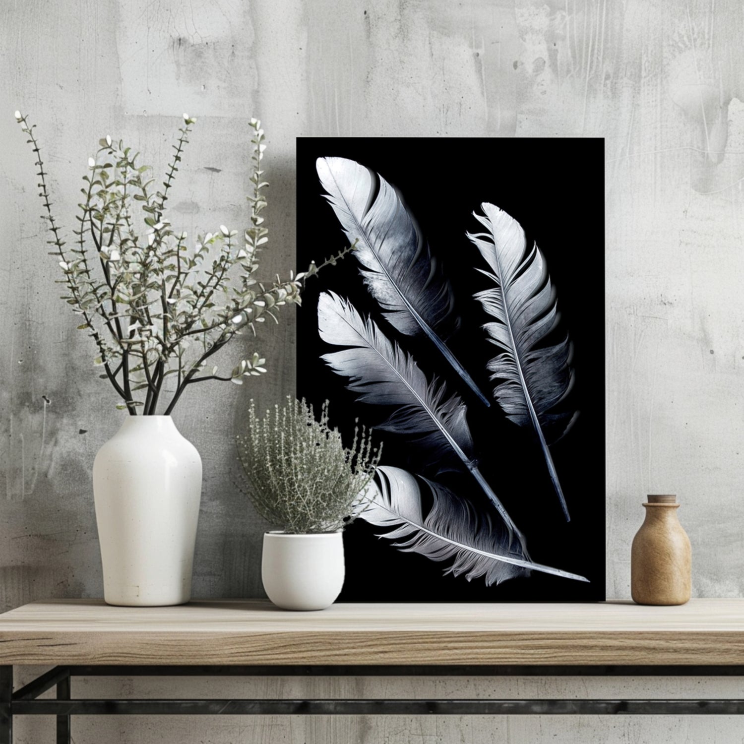 Four Silver Quill Feathers Black Aluminum Print