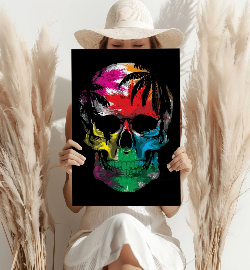 Palm Tree Sunset Silhouette Skull Aluminum Print