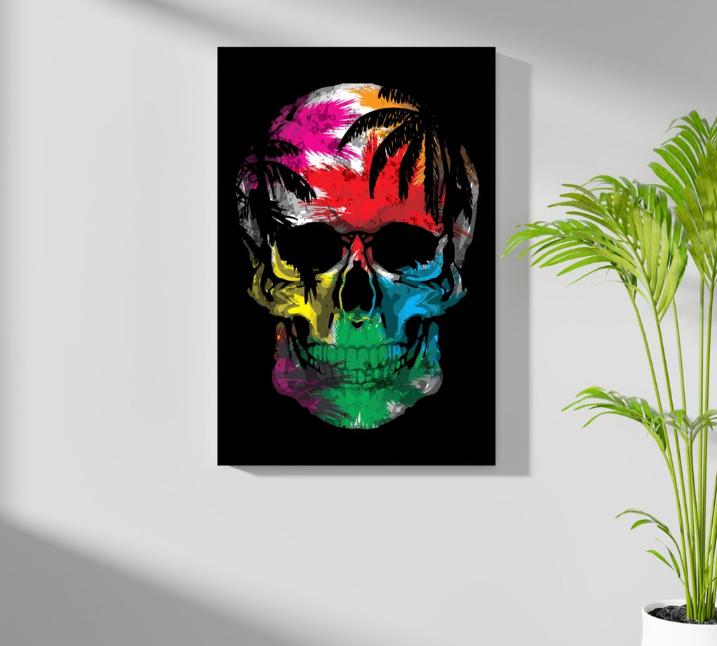 Palm Tree Sunset Silhouette Skull Aluminum Print