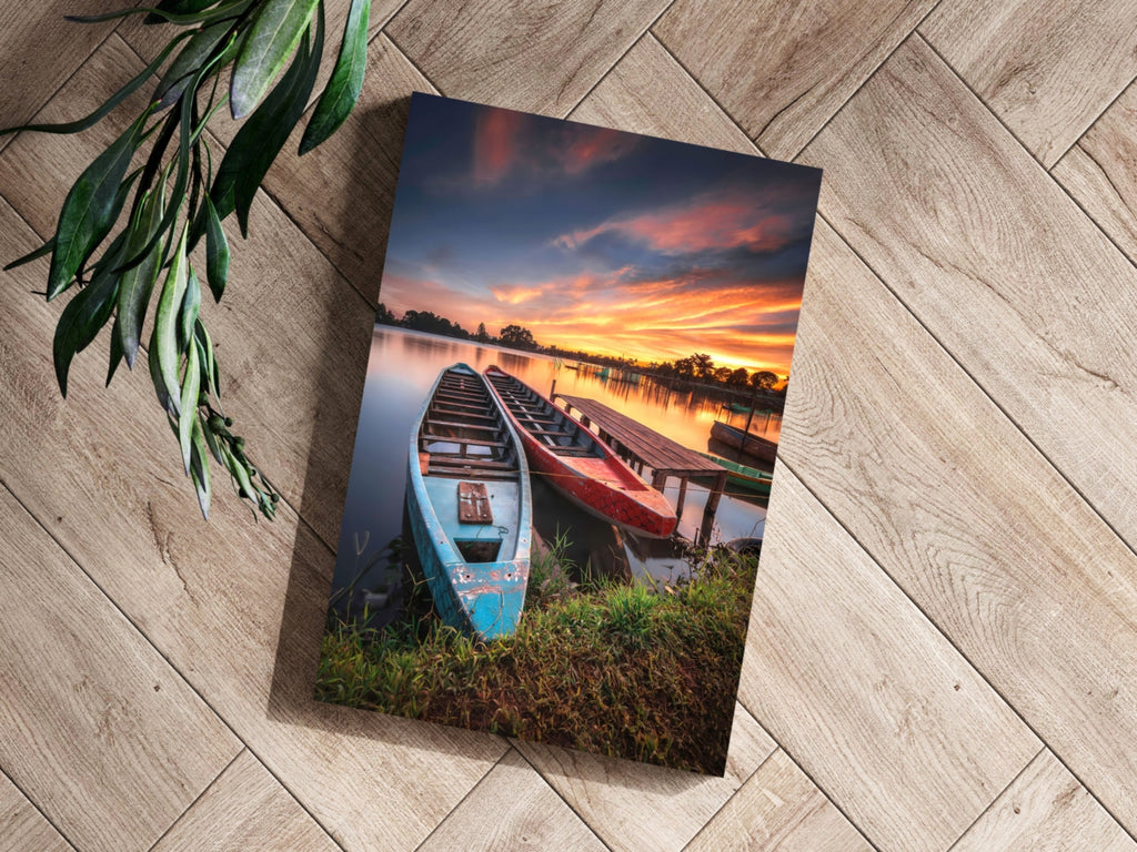Moored Wooden Boats at Lake Sunset Aluminum Print