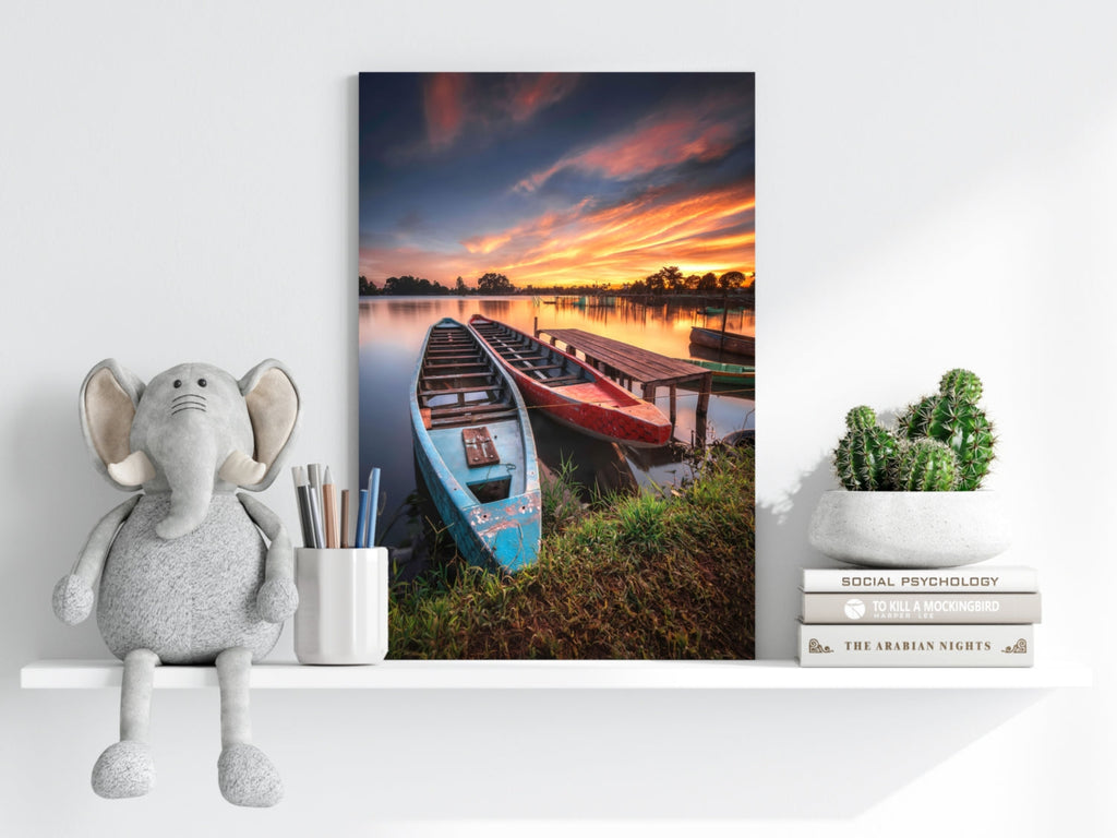 Moored Wooden Boats at Lake Sunset Aluminum Print