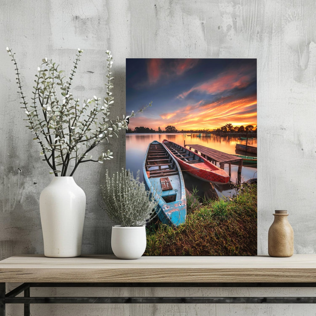 Moored Wooden Boats at Lake Sunset Aluminum Print