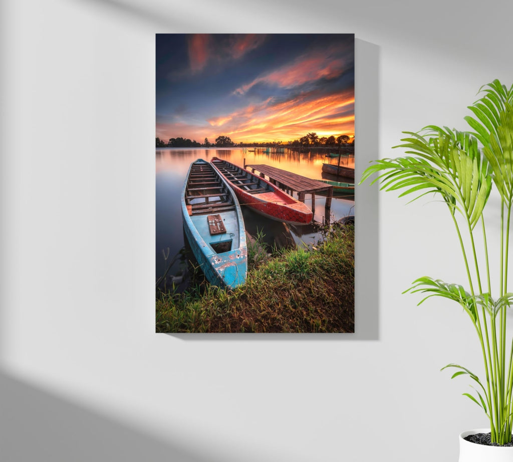 Moored Wooden Boats at Lake Sunset Aluminum Print