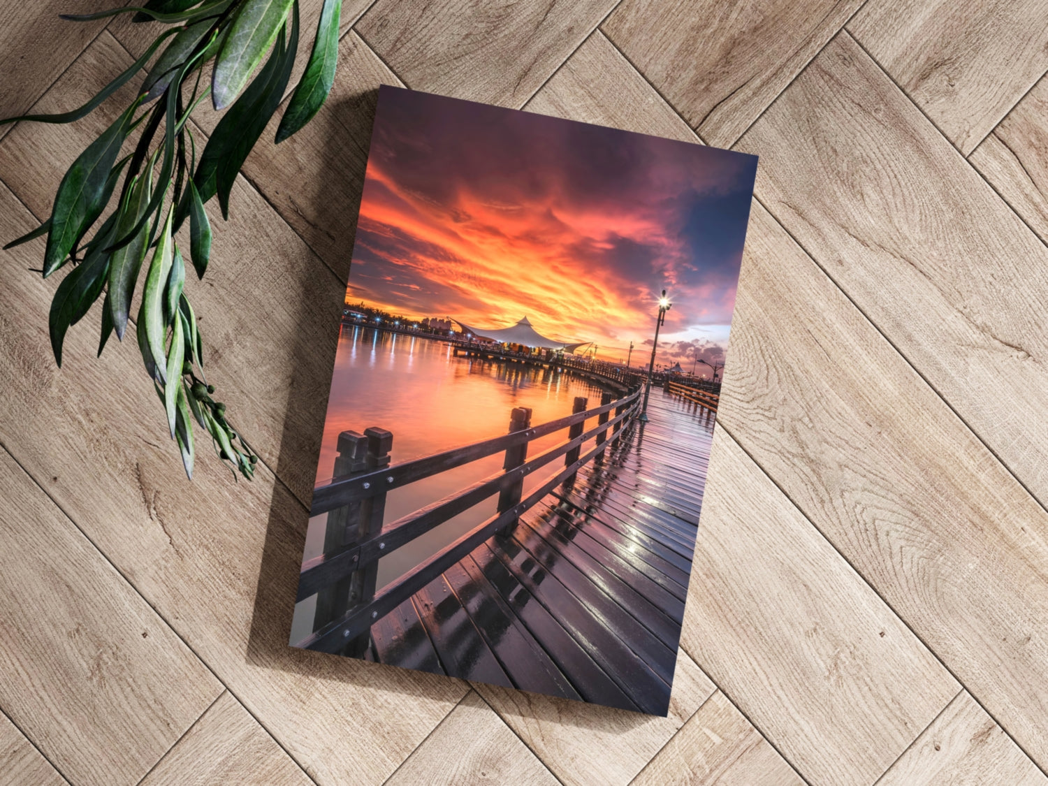 Fiery Sky Waterfront Boardwalk Pier Aluminum Print