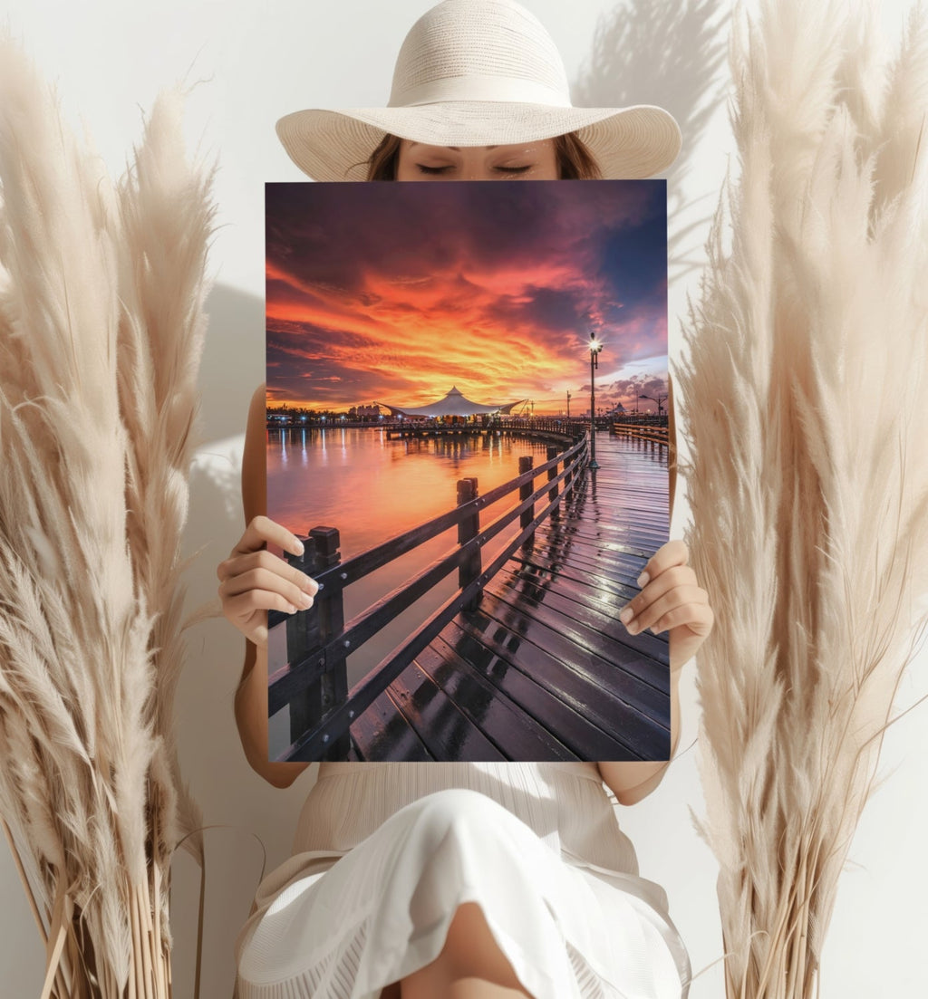 Fiery Sky Waterfront Boardwalk Pier Aluminum Print