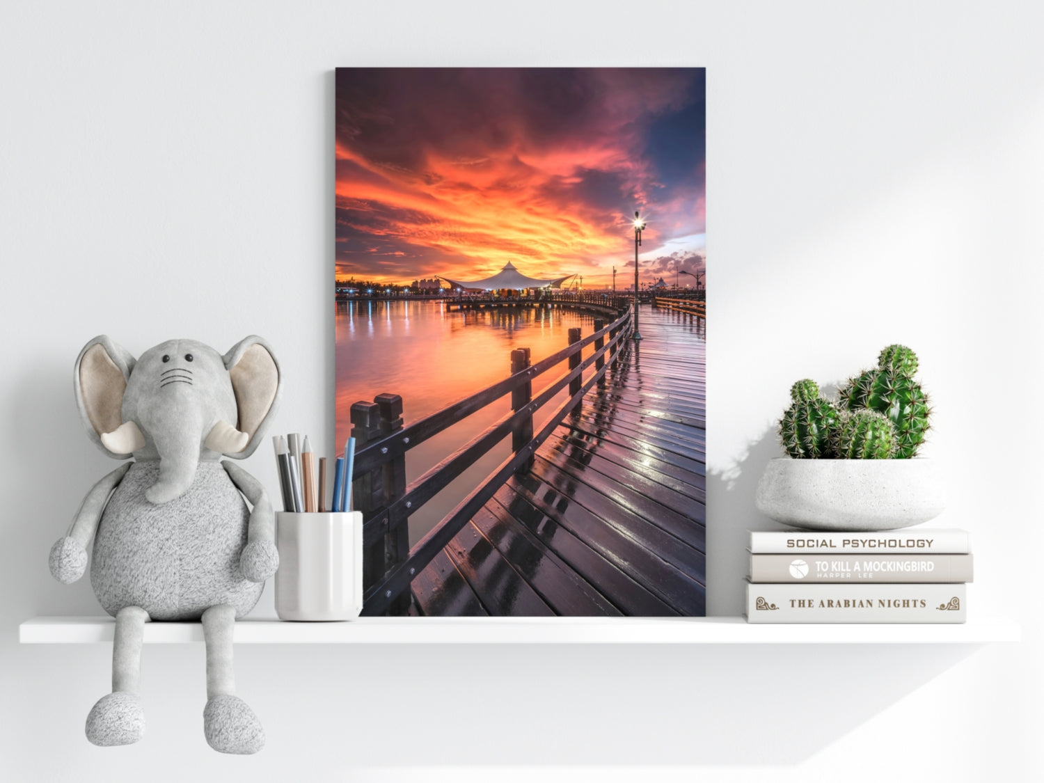 Fiery Sky Waterfront Boardwalk Pier Aluminum Print