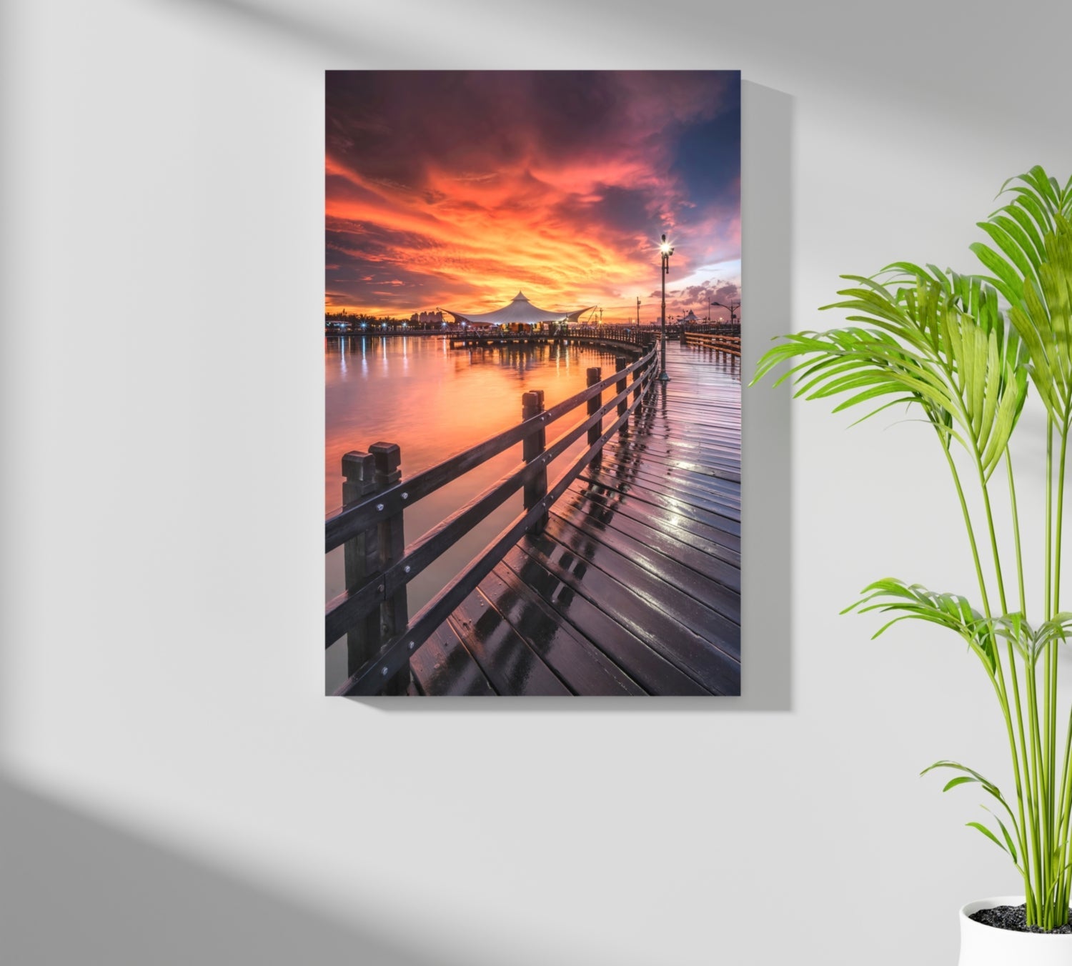 Fiery Sky Waterfront Boardwalk Pier Aluminum Print