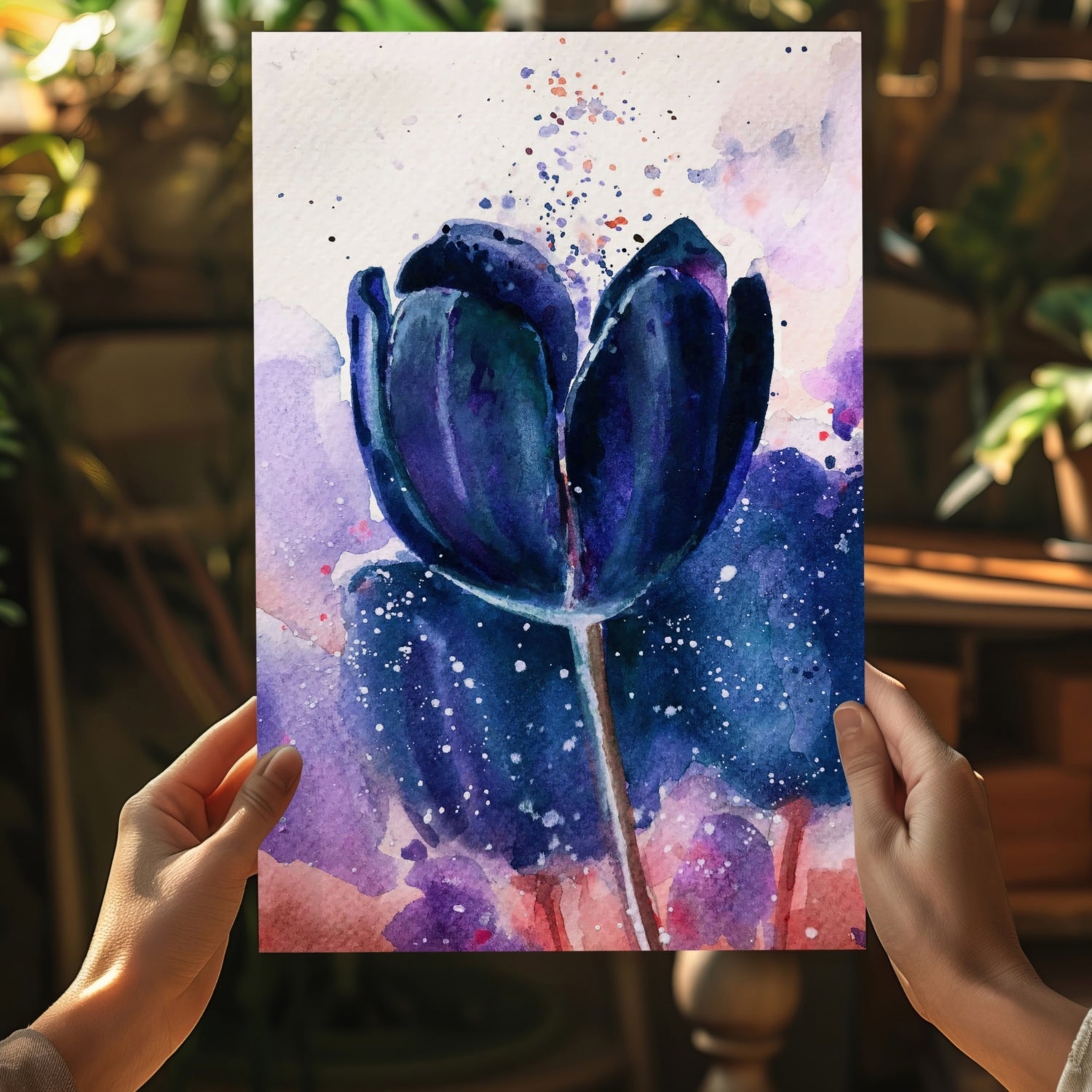Midnight Blue Watercolor Tulip Aluminum Print