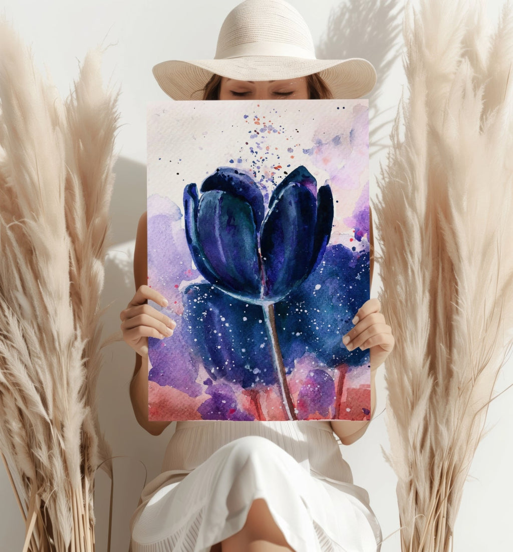 Midnight Blue Watercolor Tulip Aluminum Print
