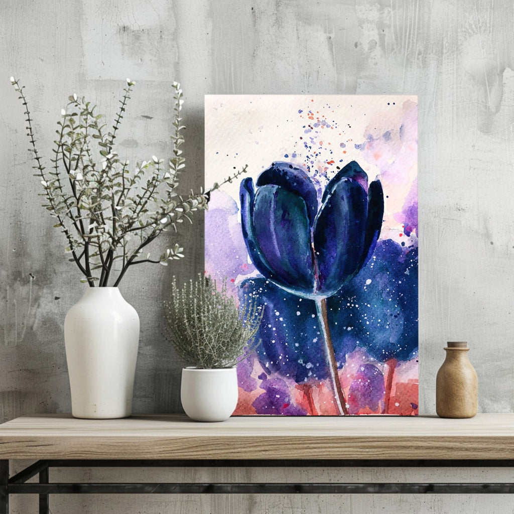 Midnight Blue Watercolor Tulip Aluminum Print