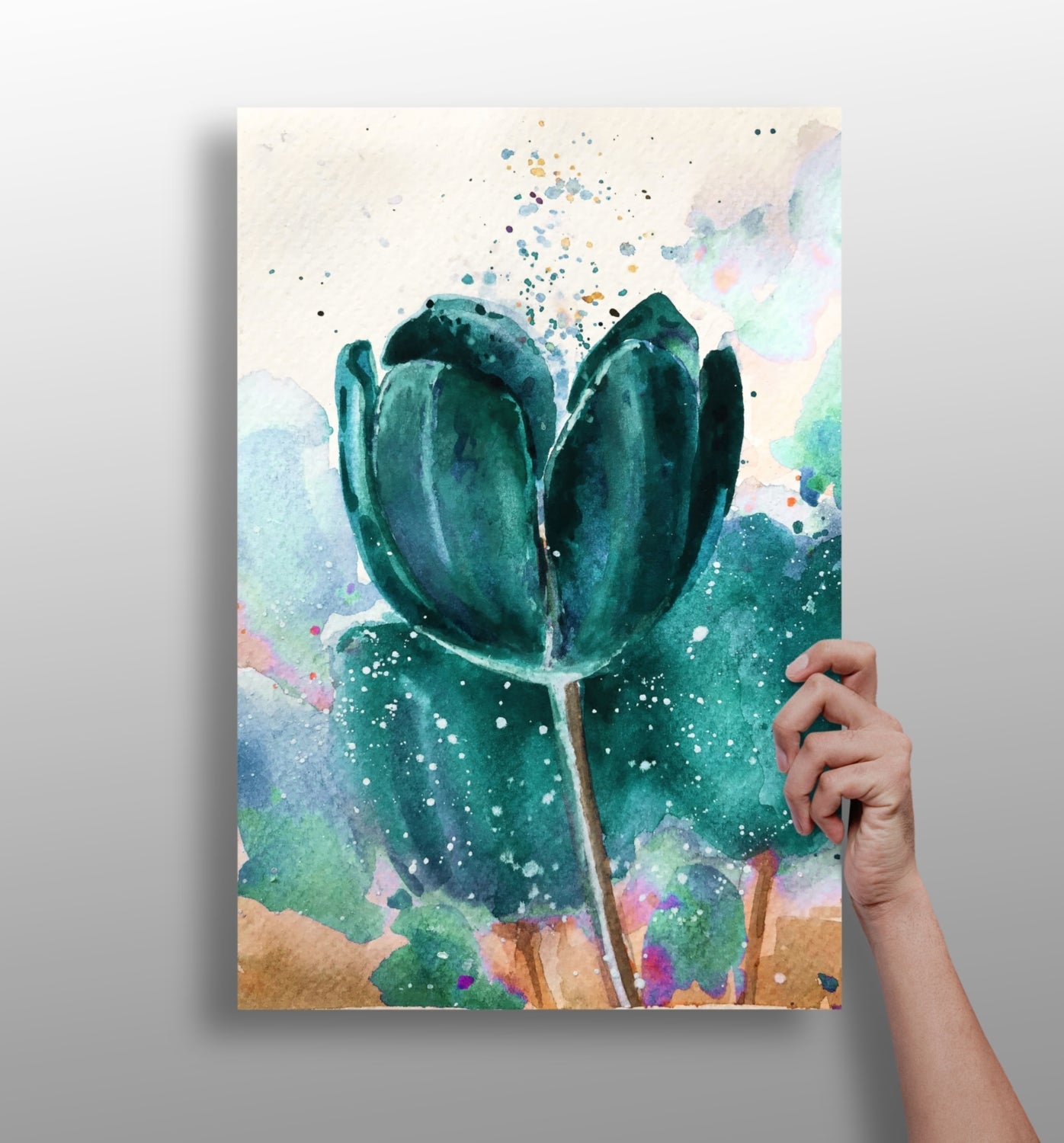 Emerald Watercolor Tulip Splash Aluminum Print