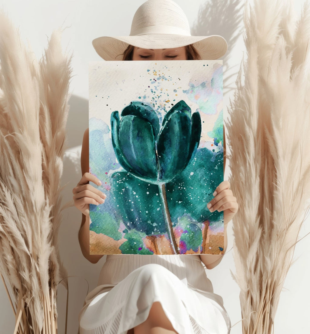 Emerald Watercolor Tulip Splash Aluminum Print