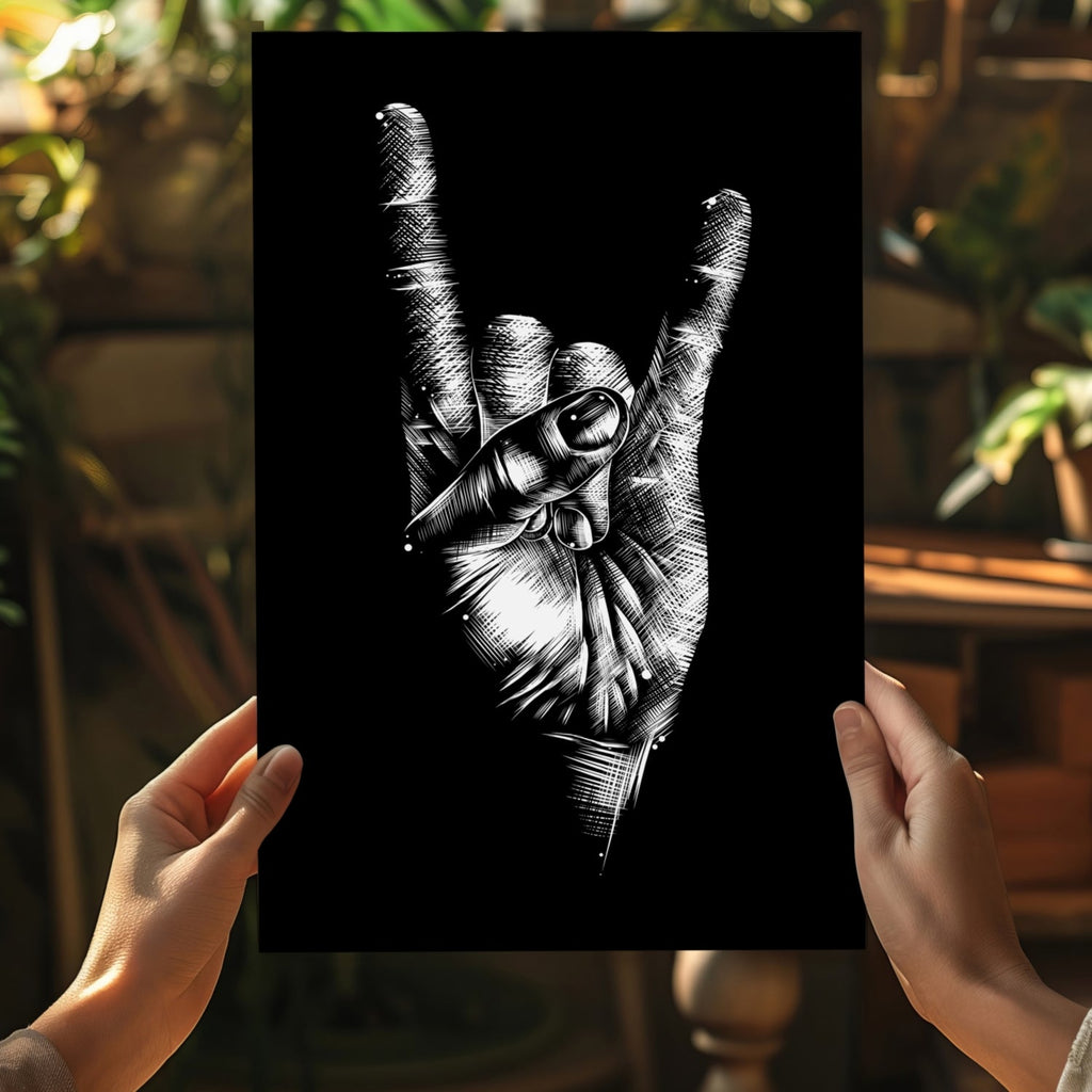White Sketch Rock Hand Horns On Black Aluminum Print
