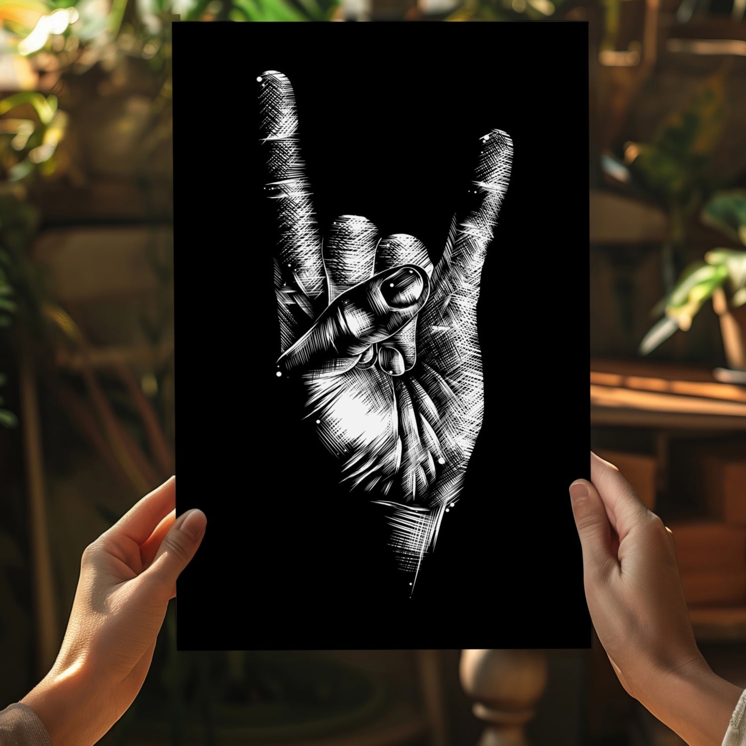 White Sketch Rock Hand Horns On Black Aluminum Print