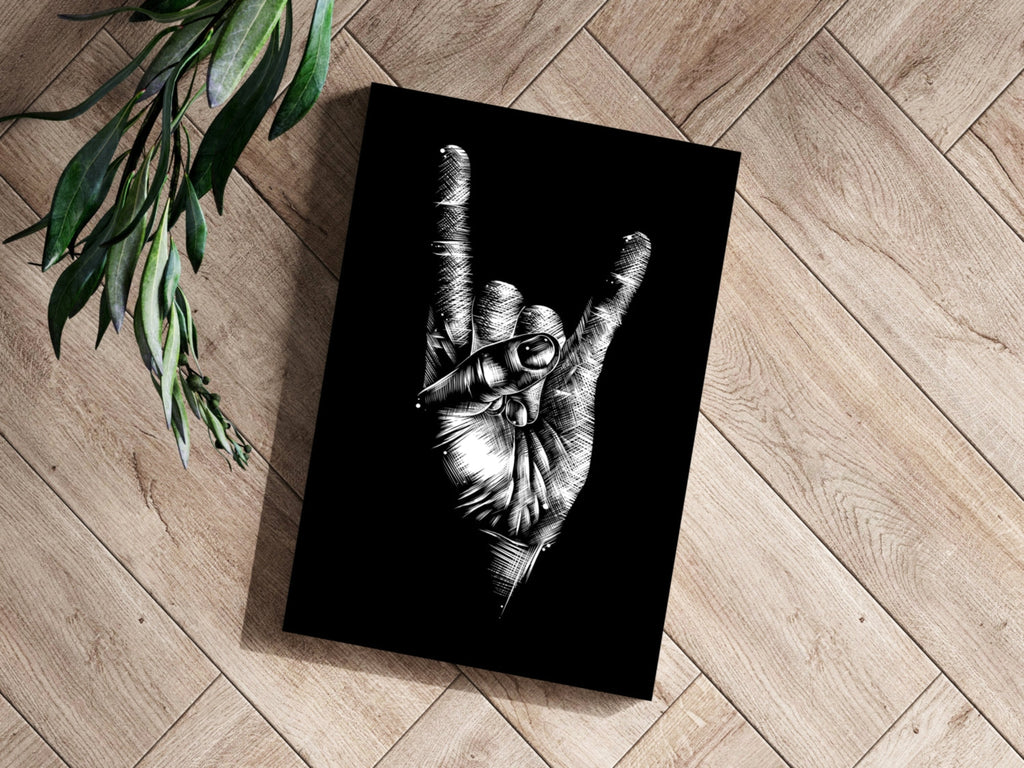 White Sketch Rock Hand Horns On Black Aluminum Print