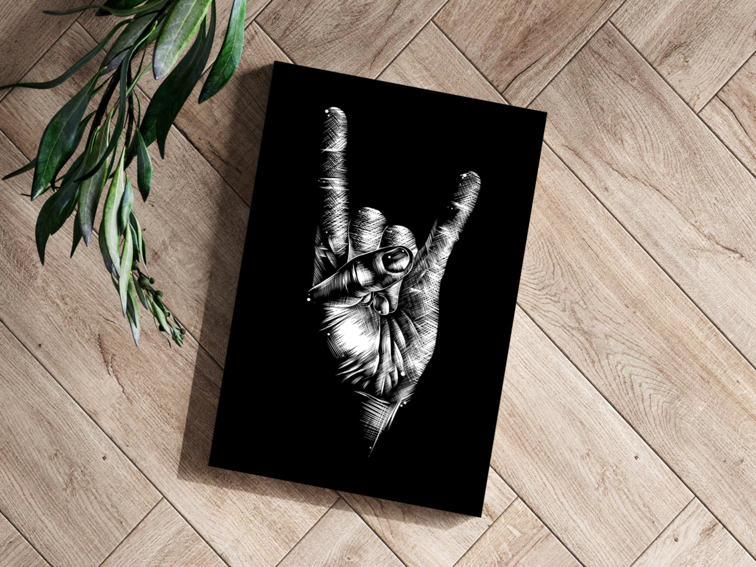White Sketch Rock Hand Horns On Black Aluminum Print