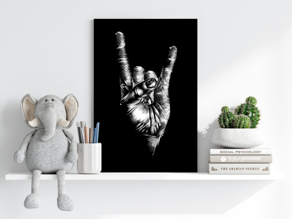 White Sketch Rock Hand Horns On Black Aluminum Print