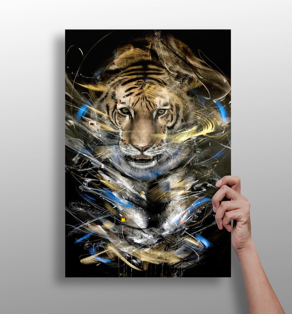 Gold and Blue Brushstroke Tiger Aluminum Print