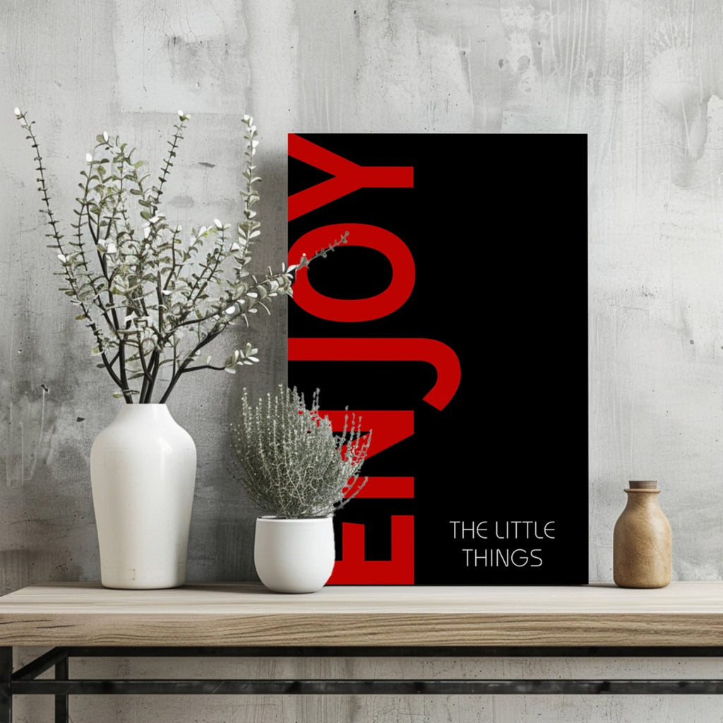 Crimson Enjoy Typography Black Aluminum Print