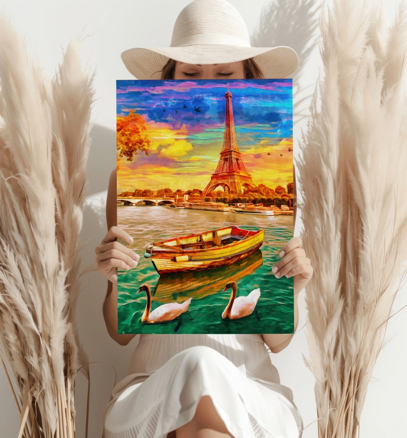 Swans And Rowboat Paris River Aluminum Print