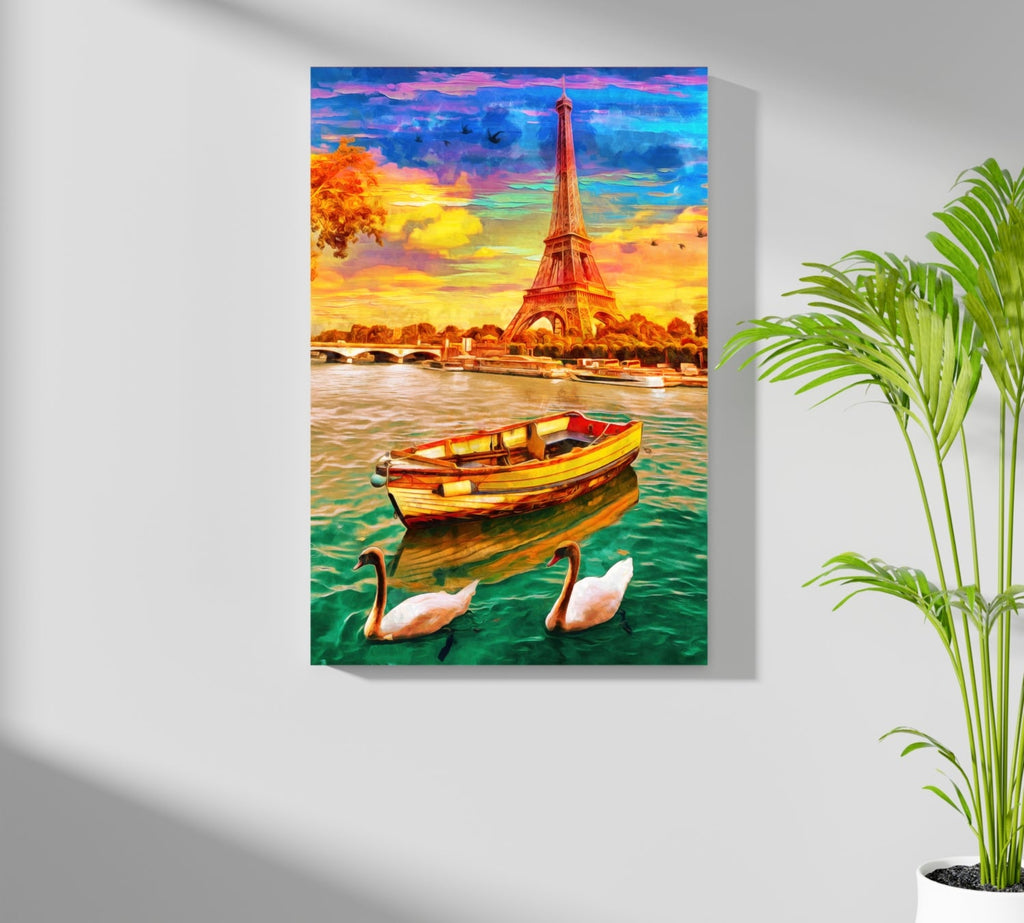 Swans And Rowboat Paris River Aluminum Print