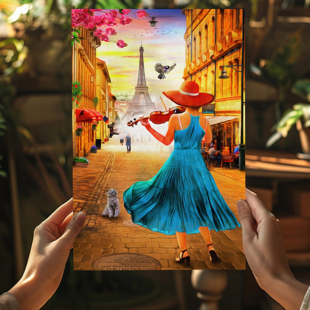 Violinist In Teal Dress Paris Street Aluminum Print