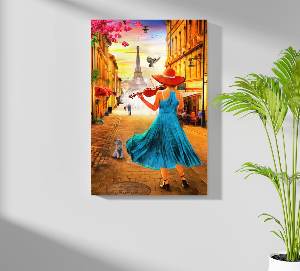Violinist In Teal Dress Paris Street Aluminum Print