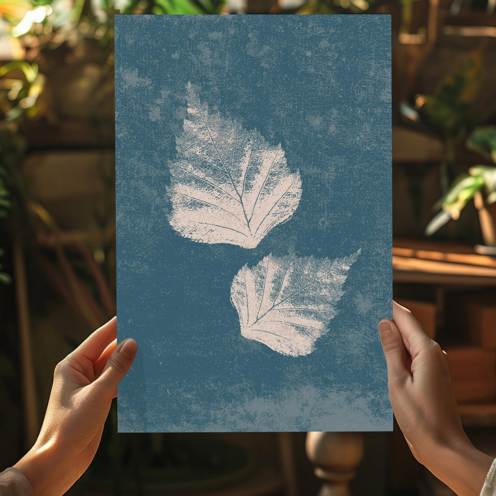 Two Cream Leaf Prints on Blue Grunge Aluminum Print