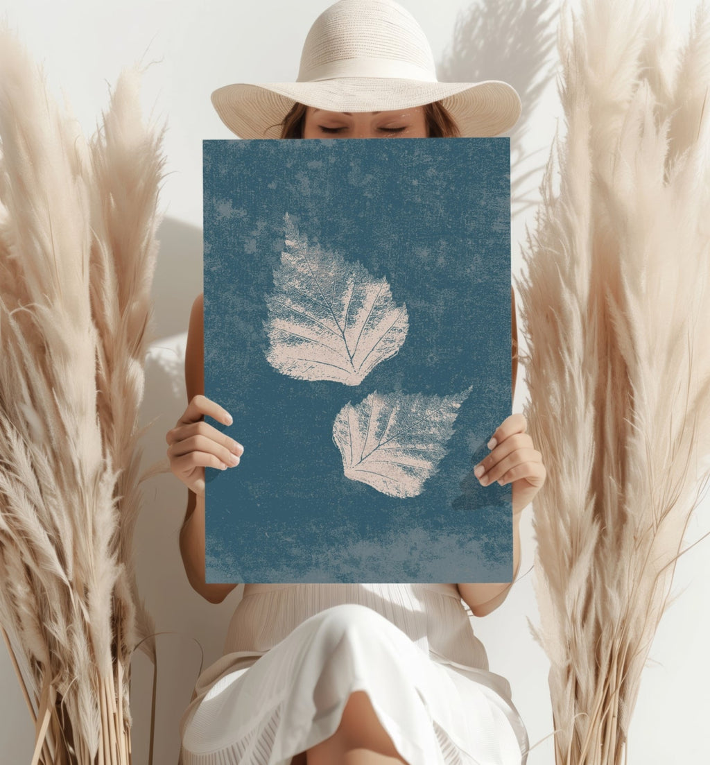 Two Cream Leaf Prints on Blue Grunge Aluminum Print