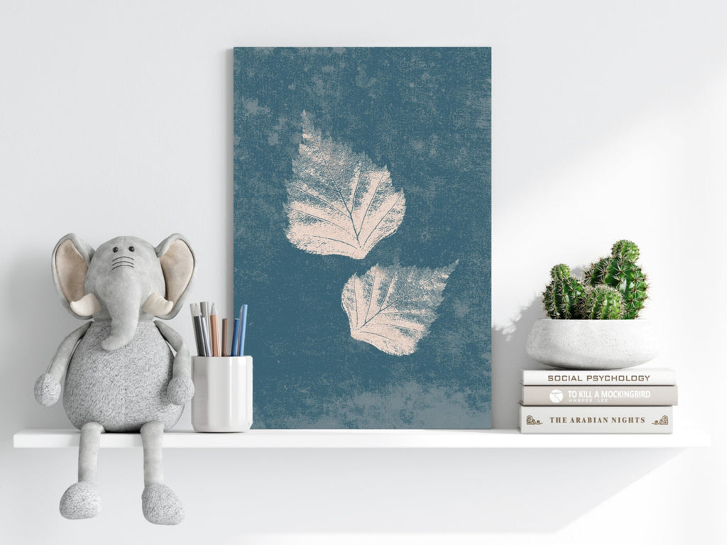 Two Cream Leaf Prints on Blue Grunge Aluminum Print